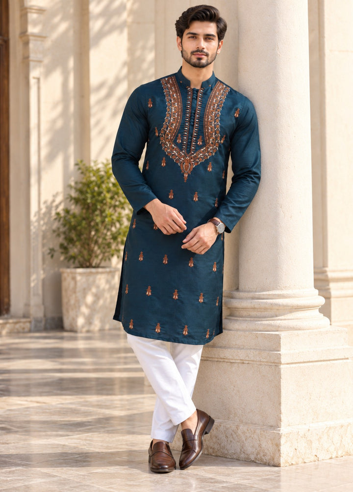 TGM Mens RTW Chikankari Chikankari Kurta Pajama Suit Vian Deep Teal Festive Collection