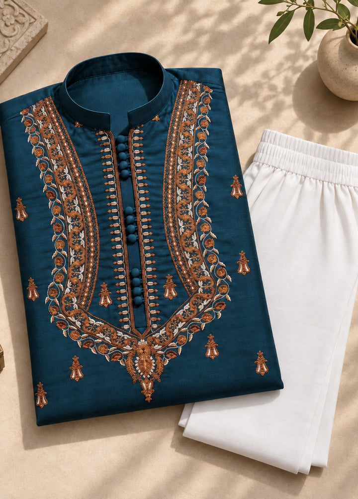 TGM Mens RTW Chikankari Chikankari Kurta Pajama Suit Vian Deep Teal Festive Collection