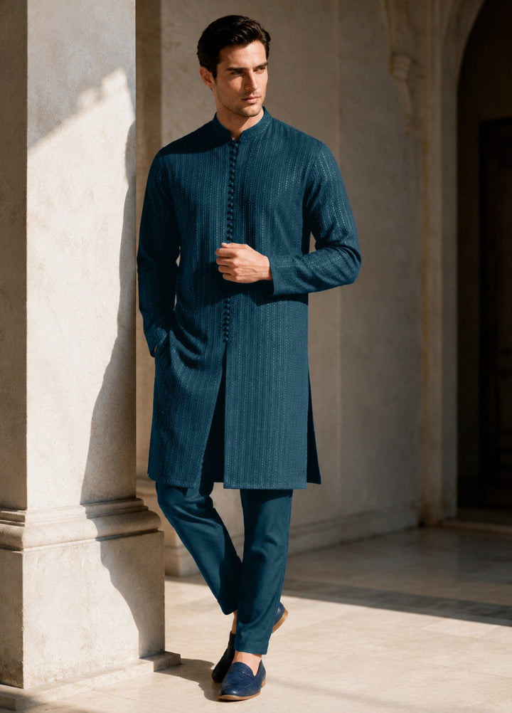 TGM Mens RTW Chikankari Chikankari Kurta Pajama Suit Royan Teal Festive Collection
