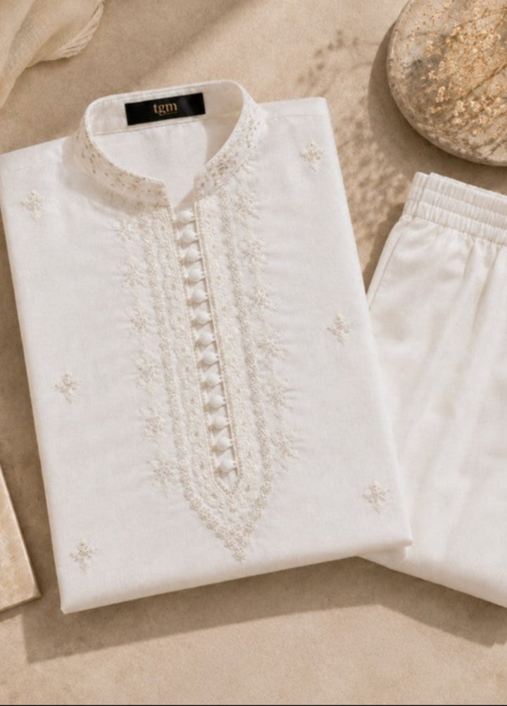 TGM Mens RTW Chikankari Chikankari Kurta Pajama Suit Aeron White Festive Collection