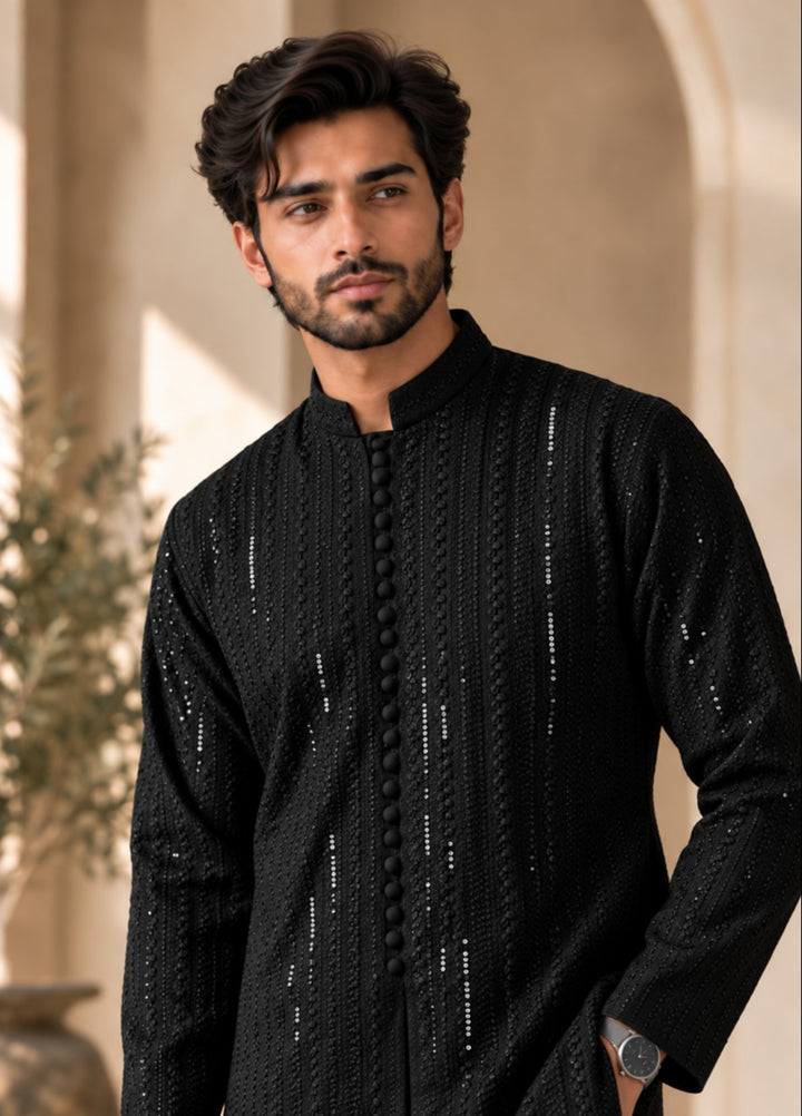 TGM Mens RTW Chikankari Chikankari Kurta Pajama Suit Royan Black Festive Collection