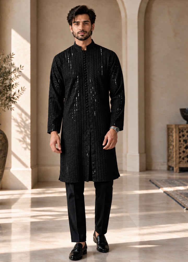 TGM Mens RTW Chikankari Chikankari Kurta Pajama Suit Royan Black Festive Collection