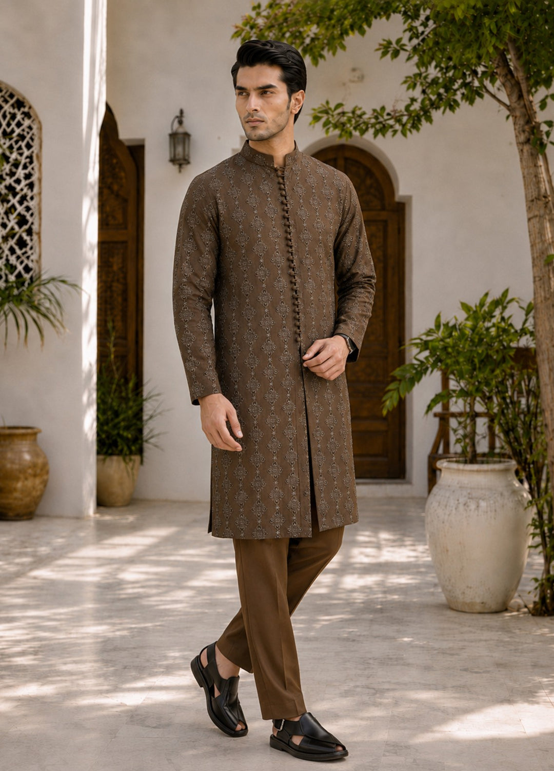 TGM Mens RTW Chikankari Chikankari Kurta Pajama Suit Royan Brown Festive Collection