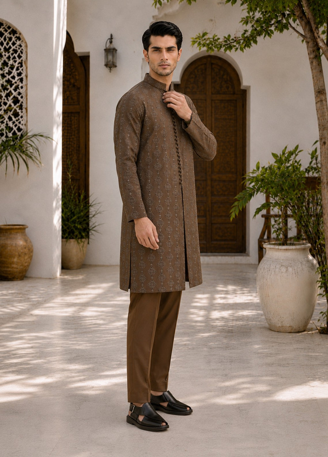 TGM Mens RTW Chikankari Chikankari Kurta Pajama Suit Royan Brown Festive Collection