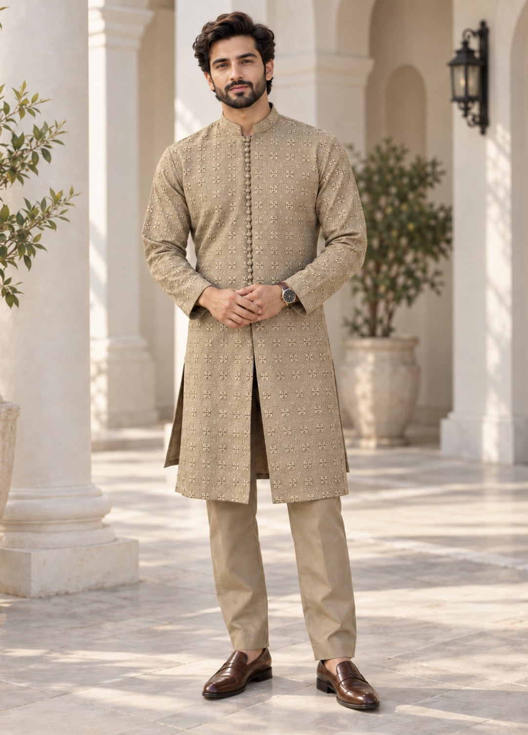 TGM Mens RTW Chikankari Chikankari Kurta Pajama Suit Royan Beige Festive Collection