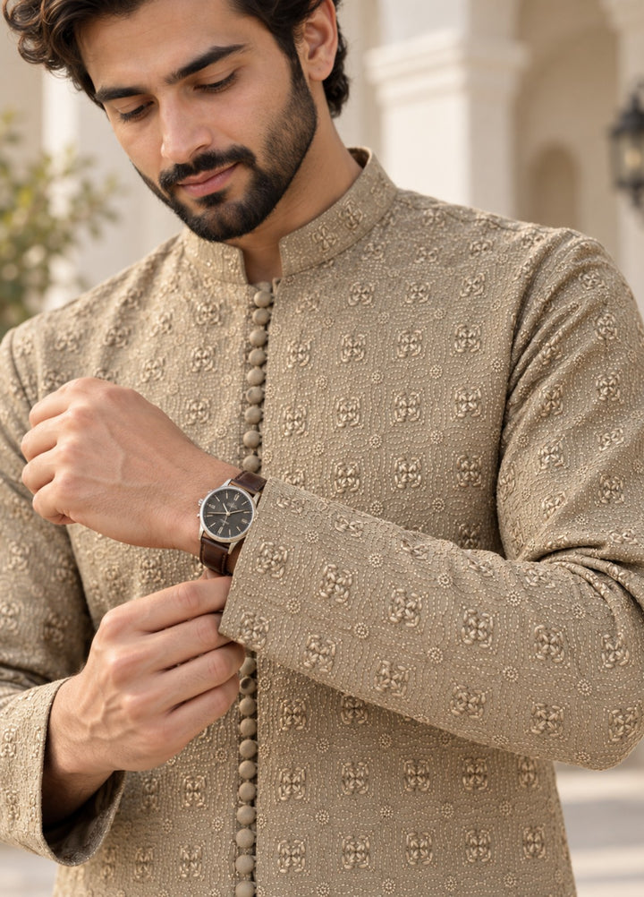 TGM Mens RTW Chikankari Chikankari Kurta Pajama Suit Royan Beige Festive Collection