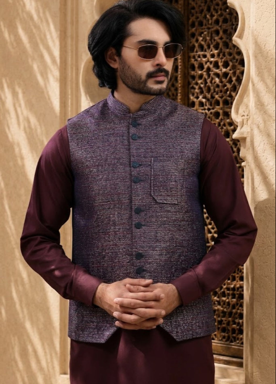 TGM Mens RTW Textured Blended Cotton 3 Piece Suit Meridian Crimson Festive Collection