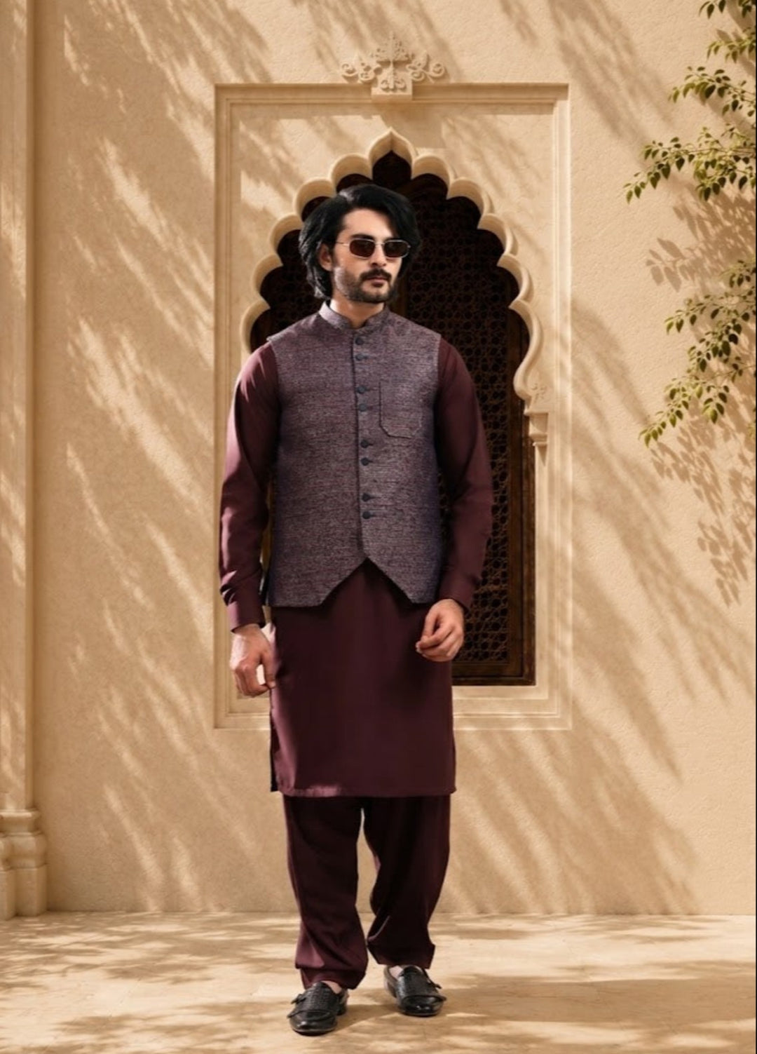 TGM Mens RTW Textured Blended Cotton 3 Piece Suit Meridian Crimson Festive Collection