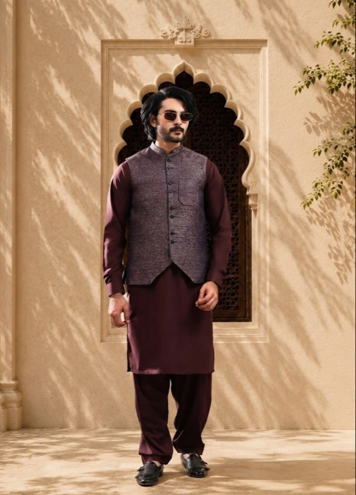 TGM Mens RTW Textured Blended Cotton 3 Piece Suit Meridian Crimson Festive Collection