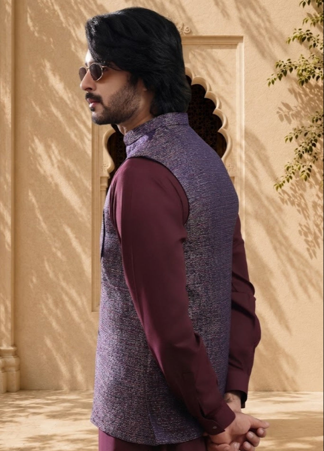 TGM Mens RTW Textured Blended Cotton 3 Piece Suit Meridian Crimson Festive Collection