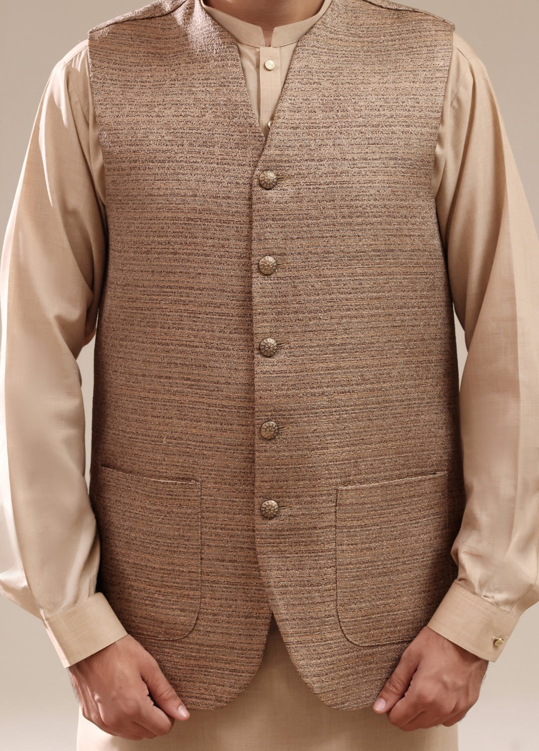 TGM Mens RTW Textured Blended Cotton 3 Piece Suit Meridian Beige Festive Collection