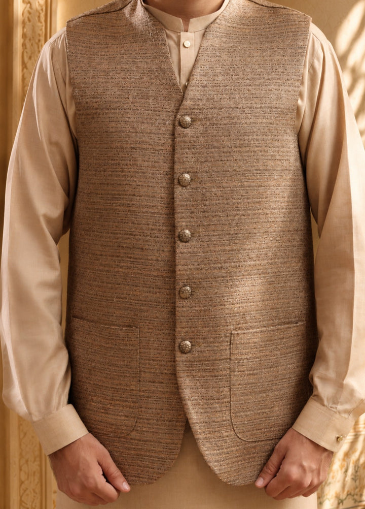 TGM Mens RTW Textured Blended Cotton 3 Piece Suit Meridian Beige Festive Collection