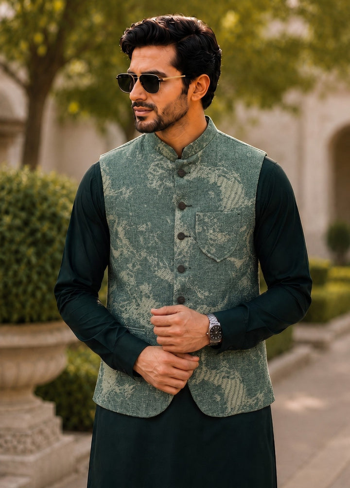 TGM Mens RTW Textured Blended Cotton 3 Piece Suit Sterling Jade Festive Collection