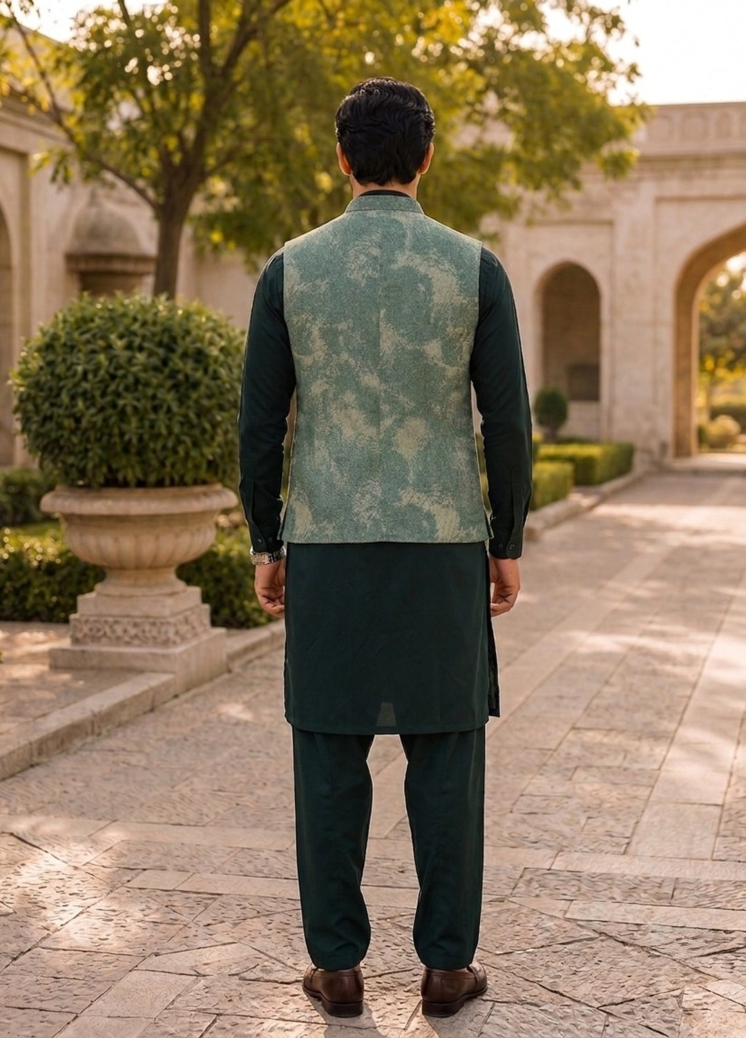 TGM Mens RTW Textured Blended Cotton 3 Piece Suit Sterling Jade Festive Collection