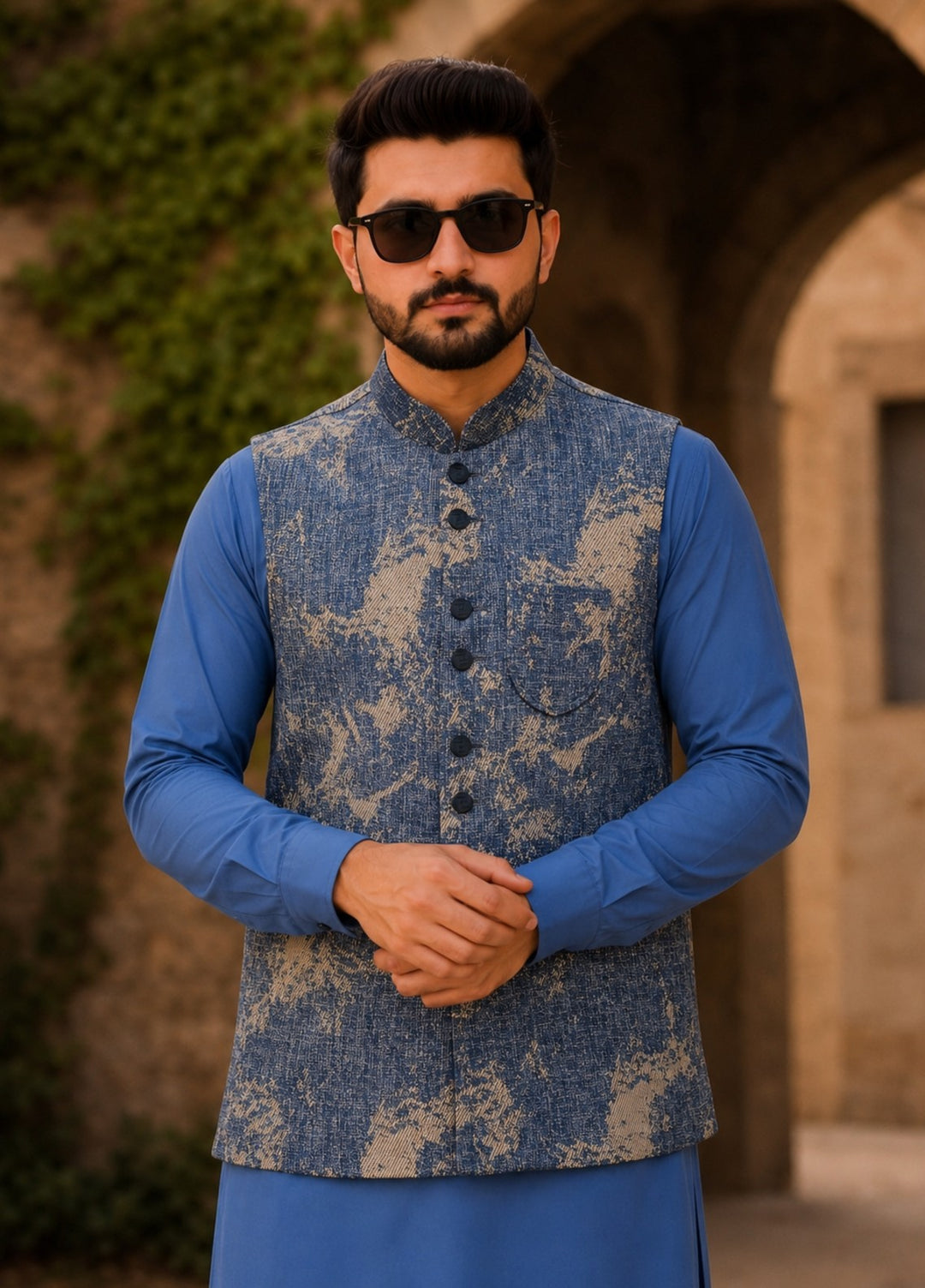 TGM Mens RTW Textured Blended Cotton 3 Piece Suit Sterling Sapphire Festive Collection