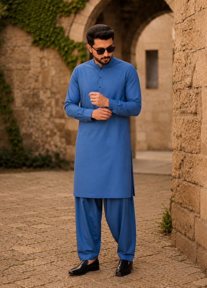 TGM Mens RTW Textured Blended Cotton 3 Piece Suit Sterling Sapphire Festive Collection