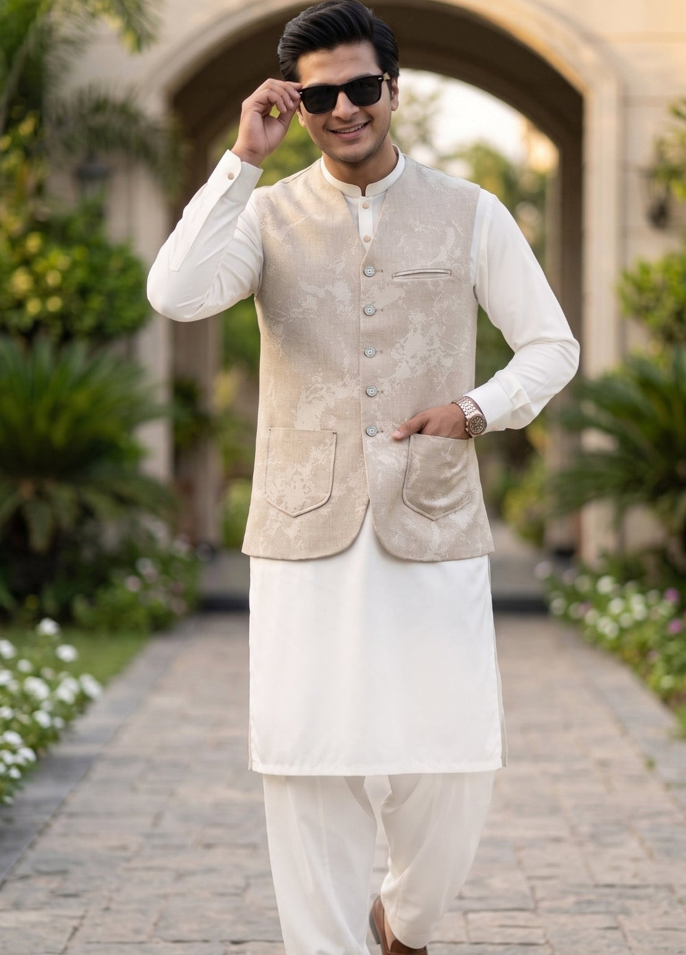 TGM Mens RTW Textured Blended Cotton 3 Piece Suit Sterling Mocha Festive Collection