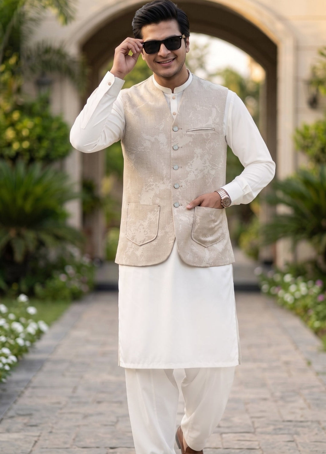 TGM Mens RTW Textured Blended Cotton 3 Piece Suit Sterling Mocha Festive Collection