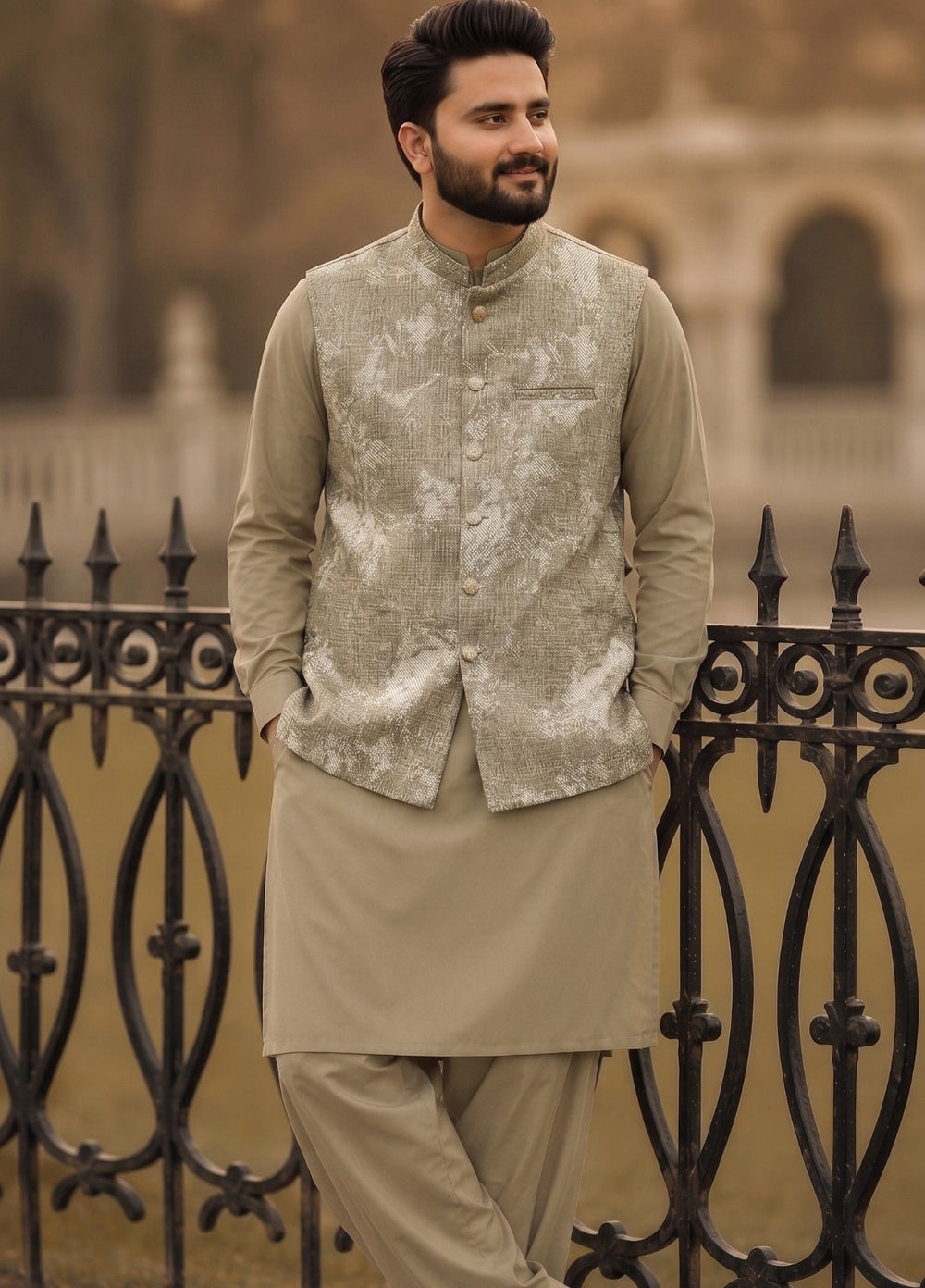 TGM Mens RTW Textured Blended Cotton 3 Piece Suit Sterling Almond Festive Collection