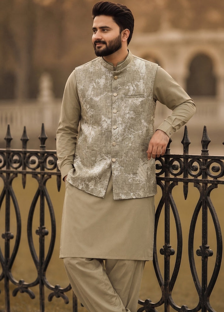 TGM Mens RTW Textured Blended Cotton 3 Piece Suit Sterling Almond Festive Collection