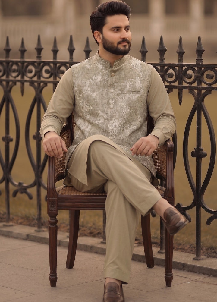 TGM Mens RTW Textured Blended Cotton 3 Piece Suit Sterling Almond Festive Collection