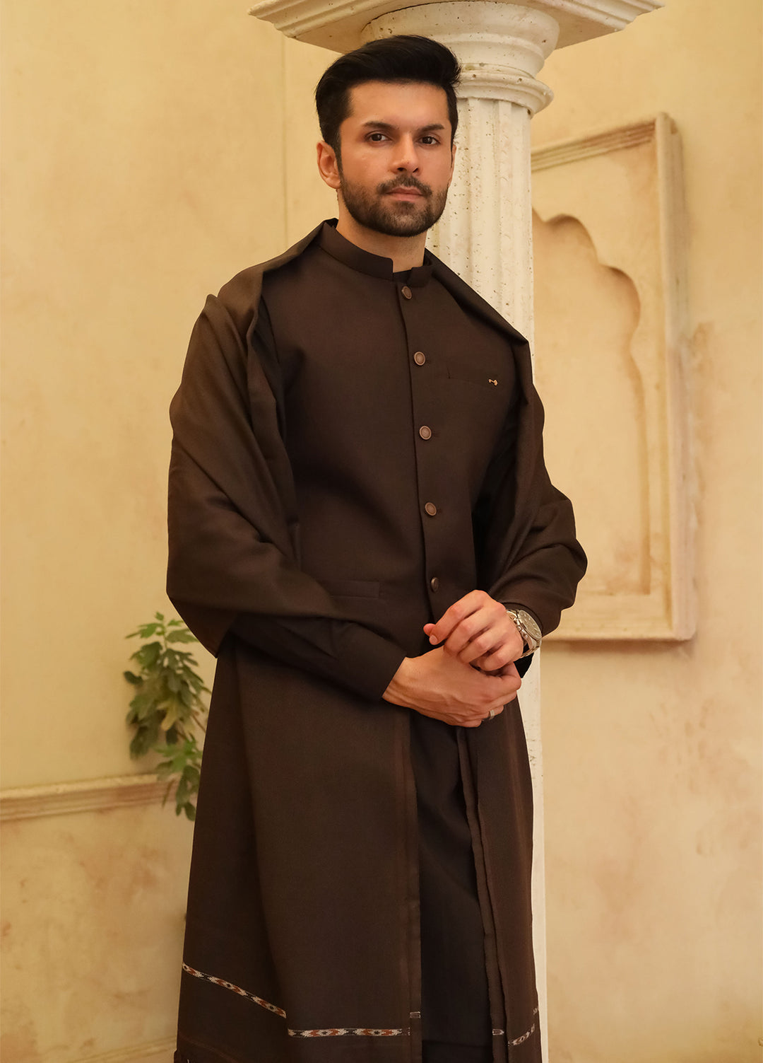 Mazham Mens Shawls Textured Wool 1 Piece Dark Chocolate Brown Winter Collection