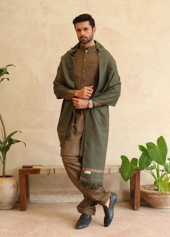 Mazham Mens Shawls Textured Acrylic 1 Piece Muted Olive Green Winter Collection