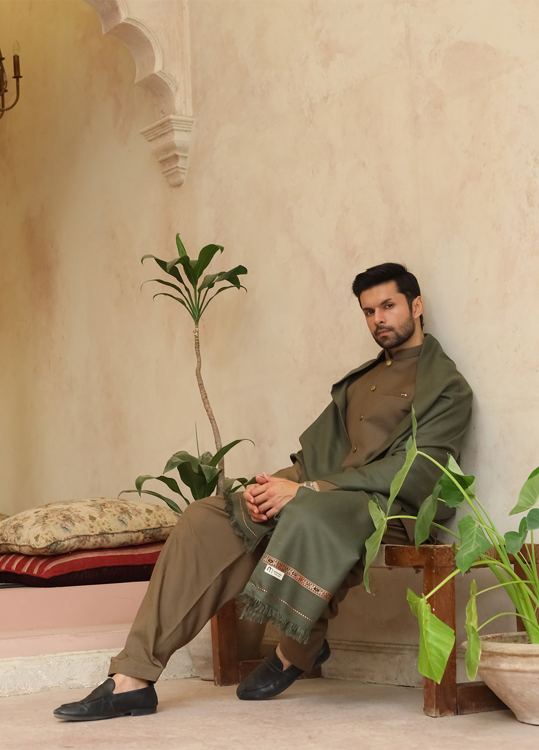 Mazham Mens Shawls Textured Acrylic 1 Piece Muted Olive Green Winter Collection