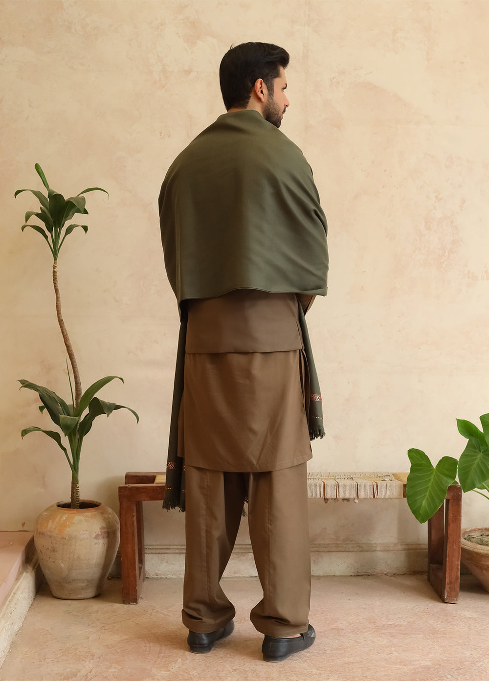 Mazham Mens Shawls Textured Acrylic 1 Piece Muted Olive Green Winter Collection