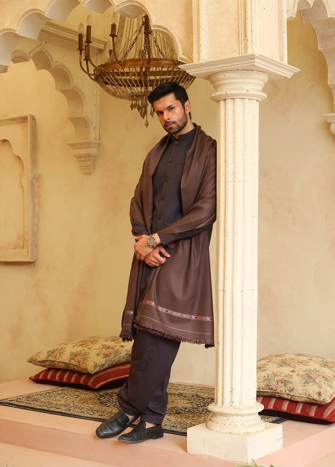 Mazham Mens Shawls Textured Acrylic 1 Piece Smoky Brown Winter Collection