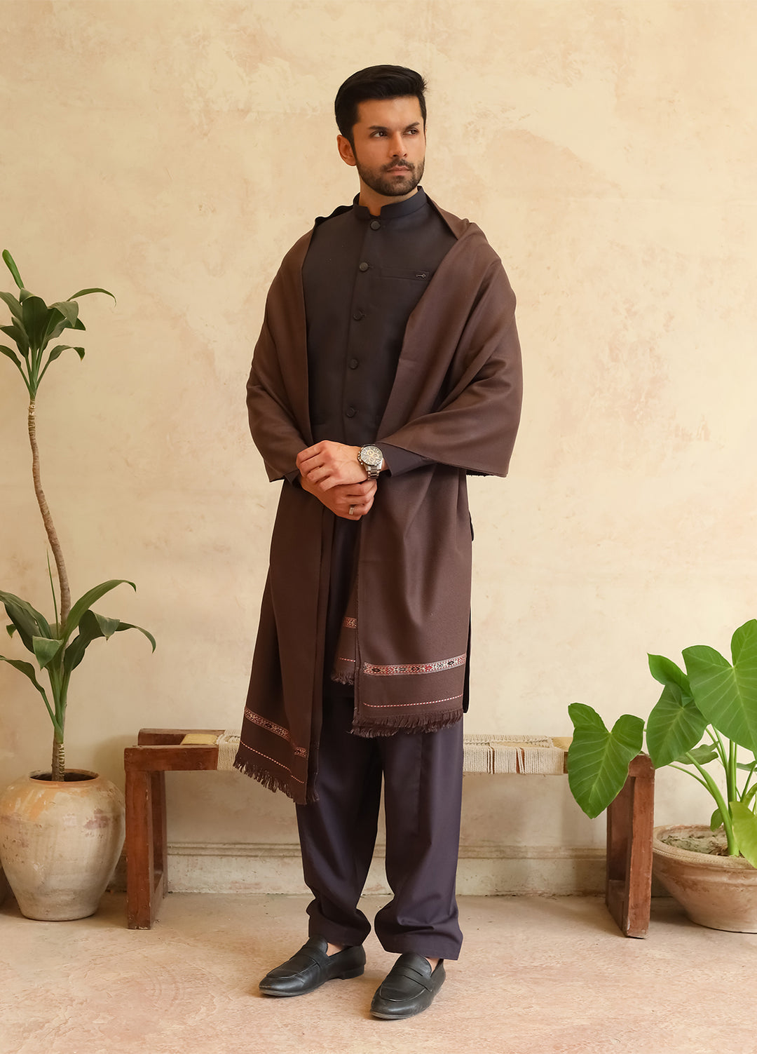 Mazham Mens Shawls Textured Acrylic 1 Piece Smoky Brown Winter Collection