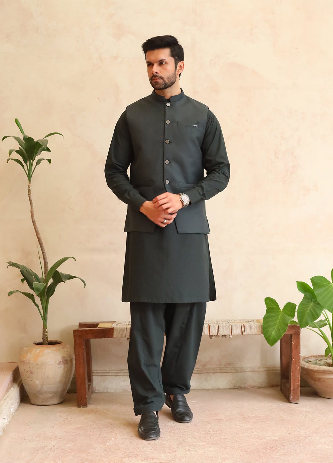 A-Line by Mazham RTW Solids Blended 3 Piece Suit Deep Bottle Green Winter Collection