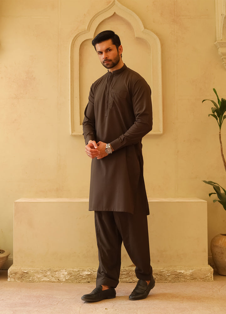 Mazham Mens Kameez Shalwar RTW Solids Blended 2 Piece Suit Dark Olive Green Casual Collection