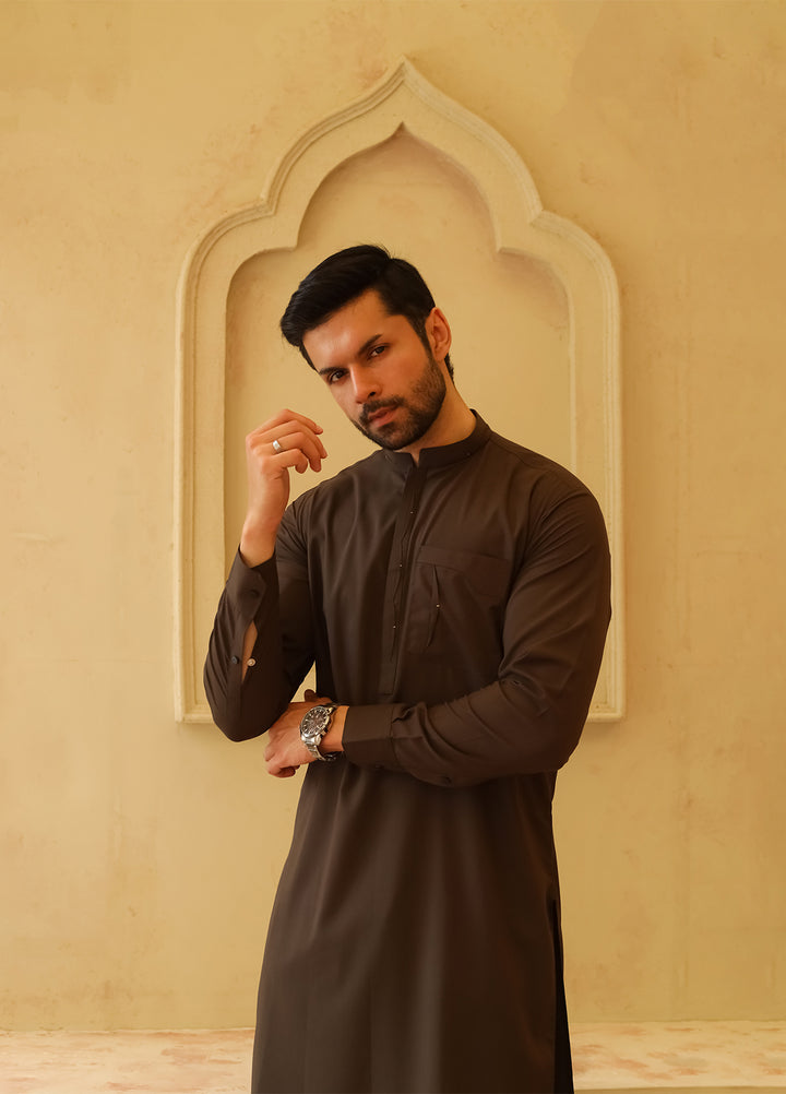 Mazham Mens Kameez Shalwar RTW Solids Blended 2 Piece Suit Dark Olive Green Casual Collection