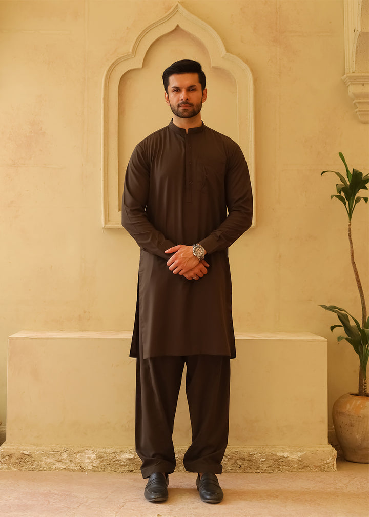 Mazham Mens Kameez Shalwar RTW Solids Blended 2 Piece Suit Dark Olive Green Casual Collection