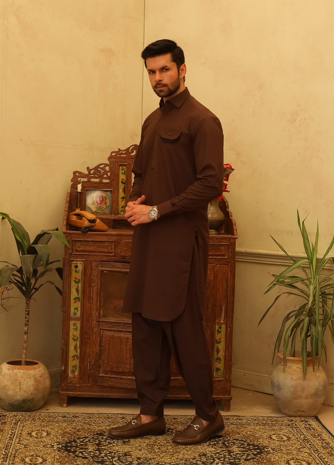 Mazham Mens Kameez Shalwar RTW Solids Blended 2 Piece Suit Dark Brown Casual Collection