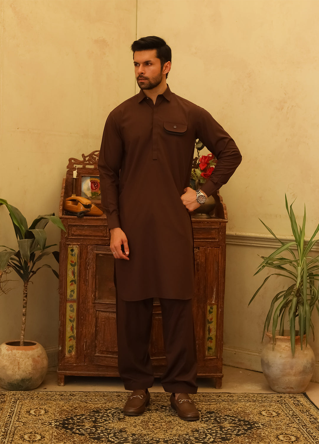 Mazham Mens Kameez Shalwar RTW Solids Blended 2 Piece Suit Dark Brown Casual Collection