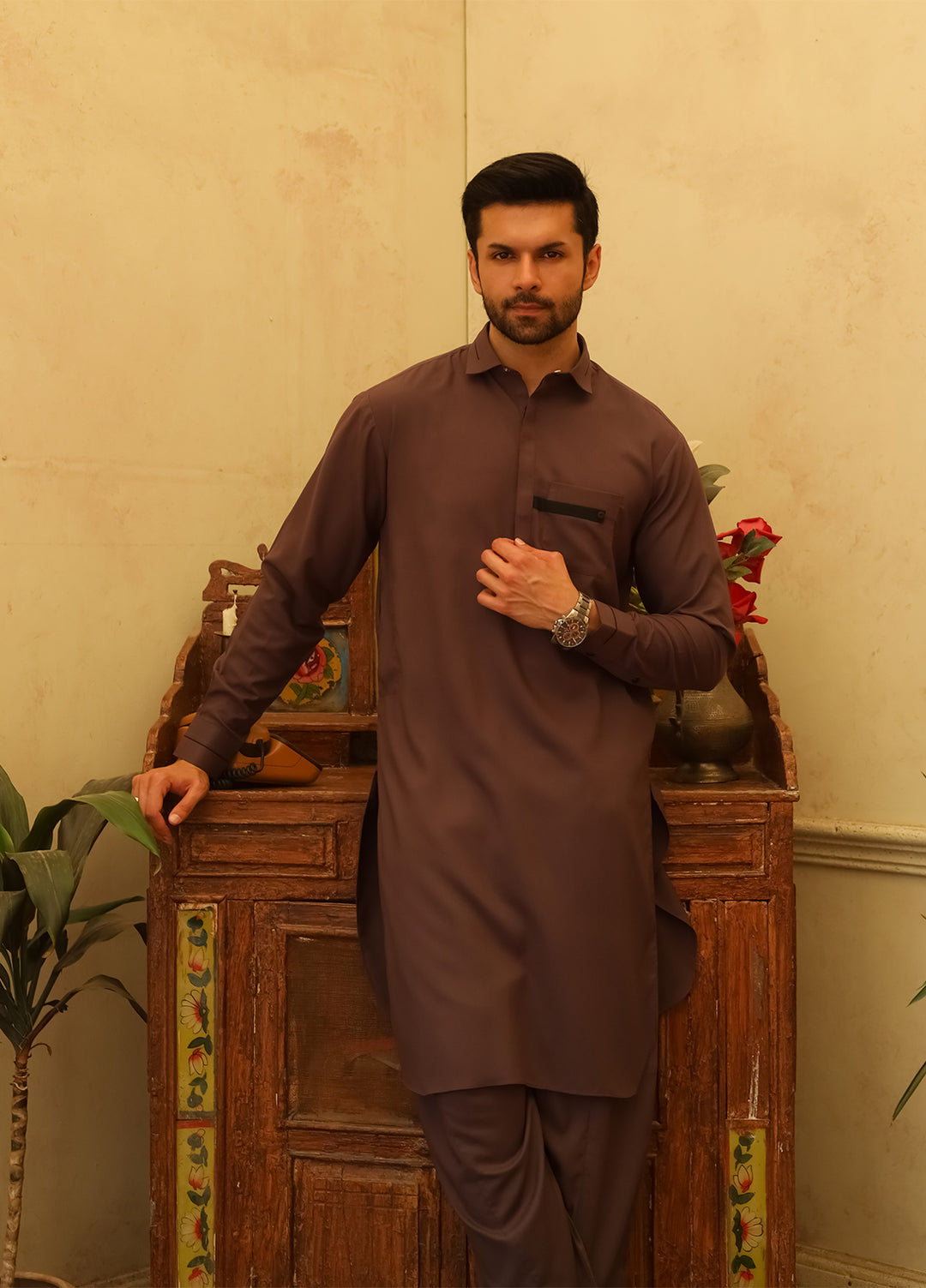 Mazham Mens Kameez Shalwar RTW Solids Blended 2 Piece Suit Dark Purple Casual Collection
