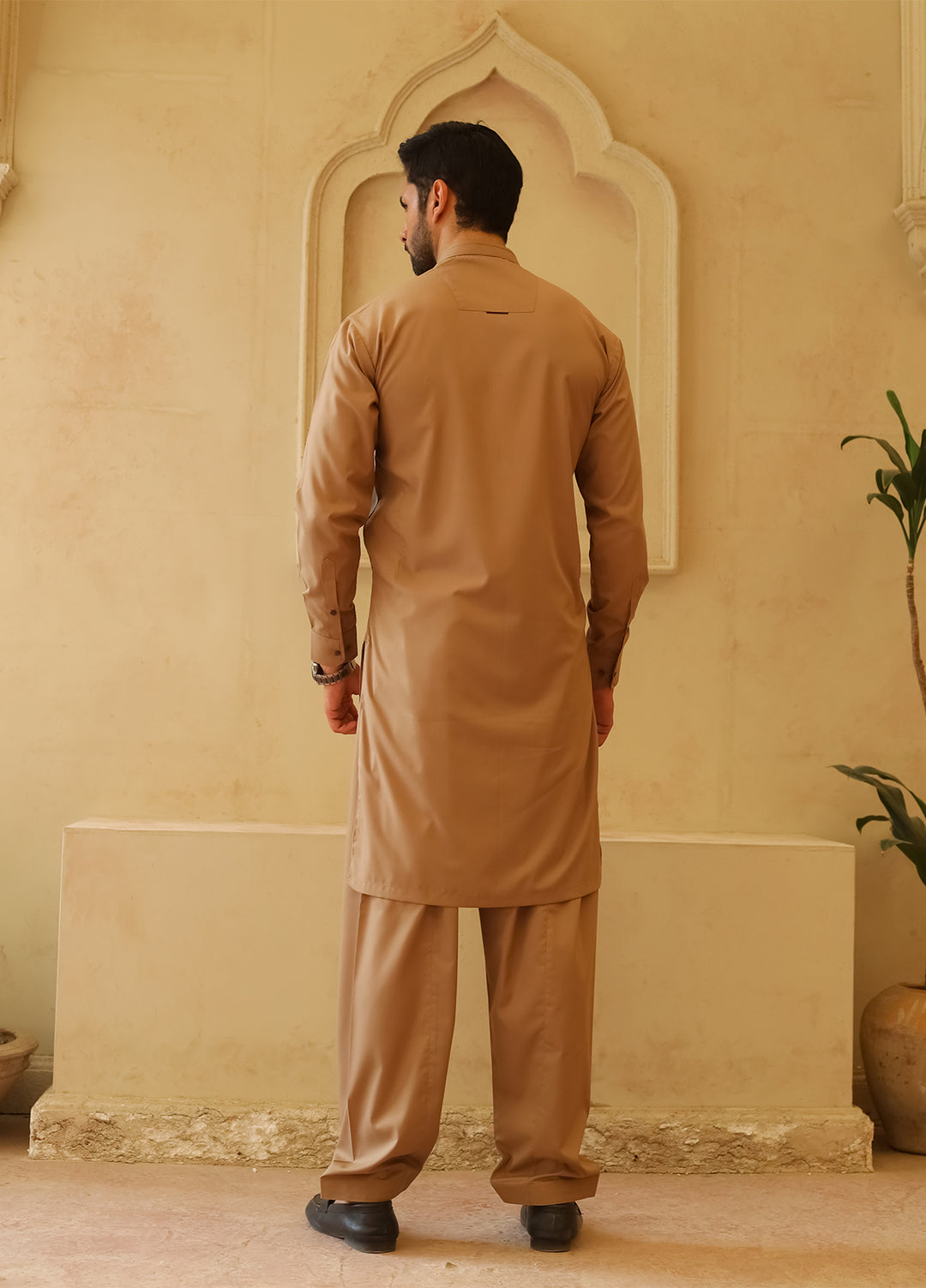 Mazham Mens Kameez Shalwar RTW Solids Blended 2 Piece Suit Camel Brown Casual Collection