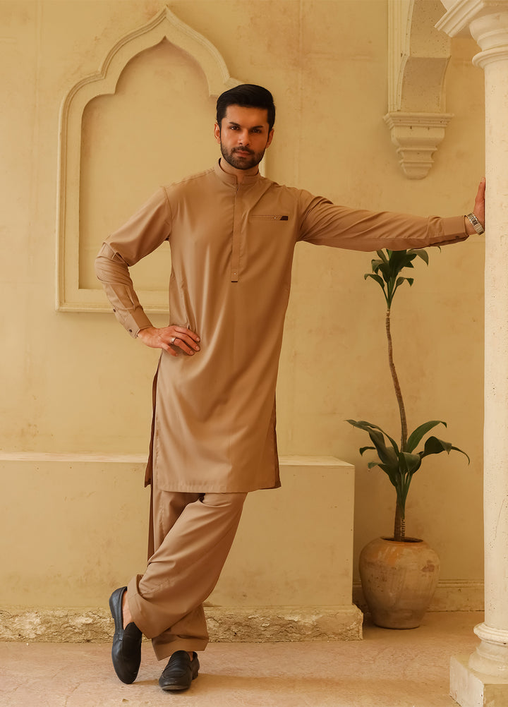 Mazham Mens Kameez Shalwar RTW Solids Blended 2 Piece Suit Camel Brown Casual Collection