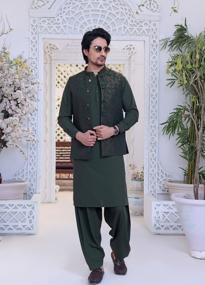 TGM Men RTW Textured Blended 3 Piece Suit Basil Green Festive Collection