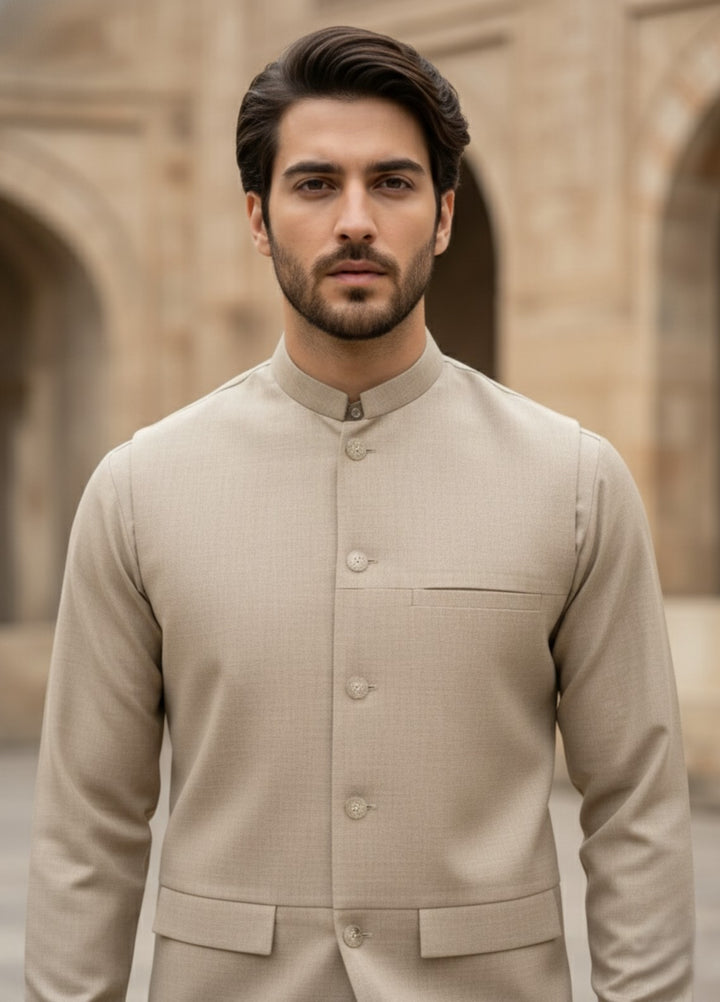 TGM Men RTW Solids Blended 3 Piece Suit Sahara Beige Prestige Festive Collection