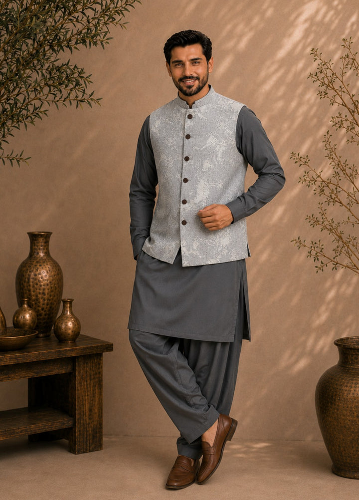 TGM Men RTW Textured Blended 3 Piece Suit Sterling Ash Festive Collection