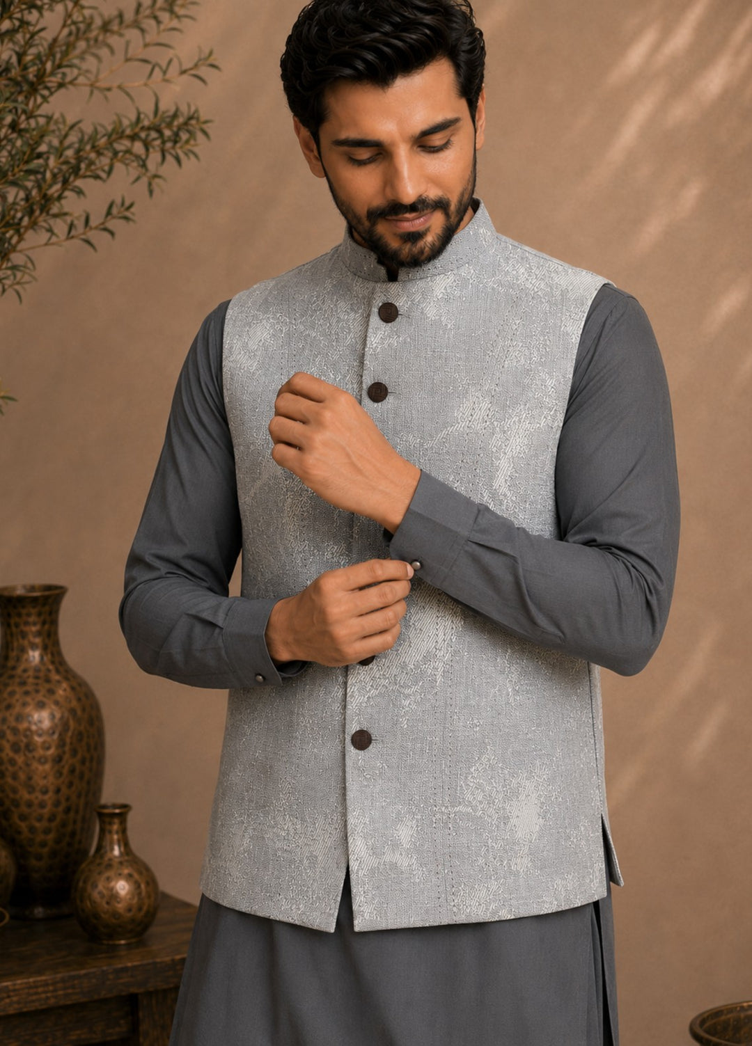 TGM Men RTW Textured Blended 3 Piece Suit Sterling Ash Festive Collection