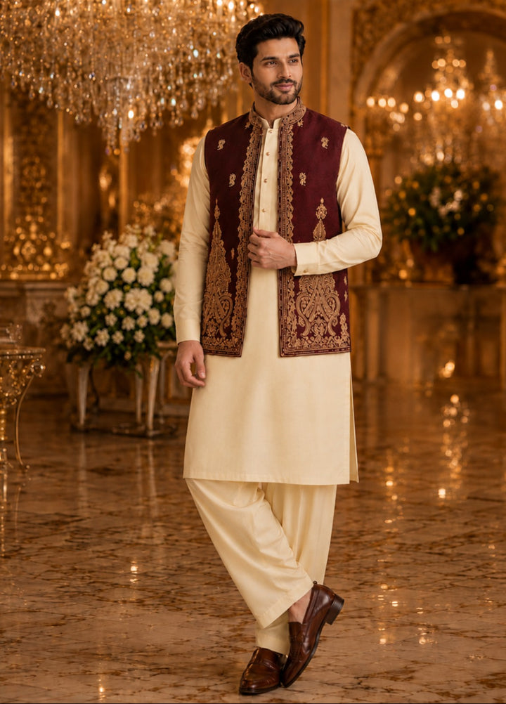 TGM Men RTW Textured Blended 3 Piece Suit Artisan Ruby Festive Collection