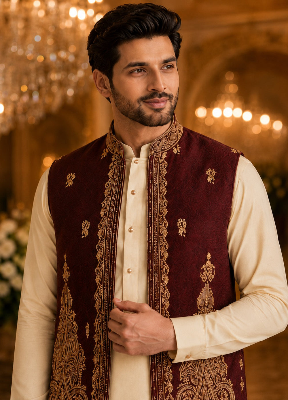 TGM Men RTW Textured Blended 3 Piece Suit Artisan Ruby Festive Collection