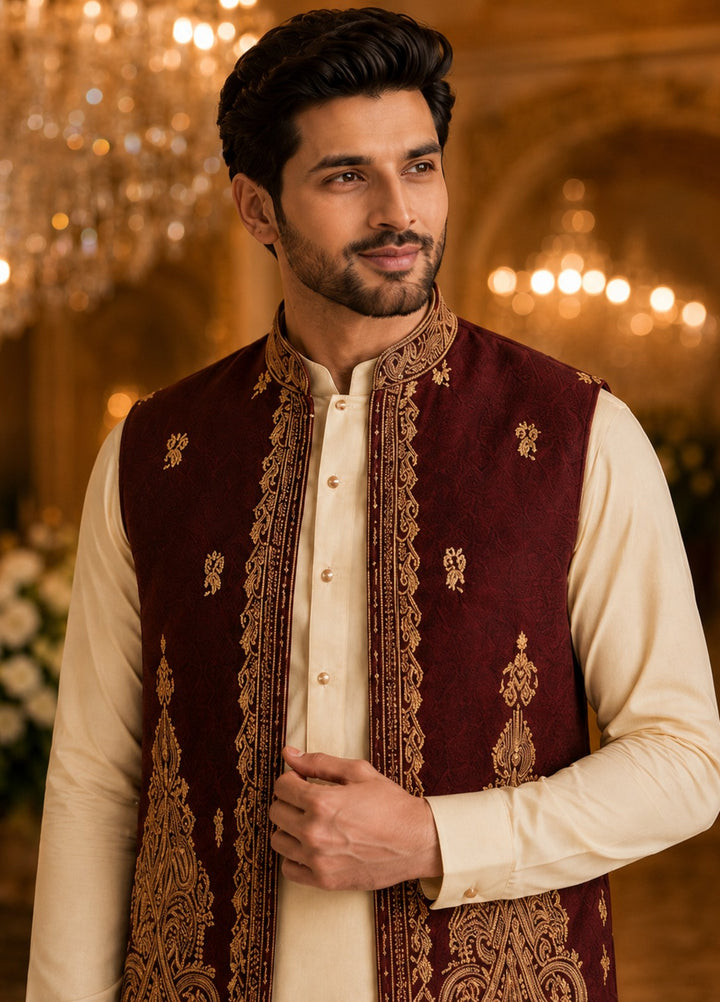 TGM Men RTW Textured Blended 3 Piece Suit Artisan Ruby Festive Collection