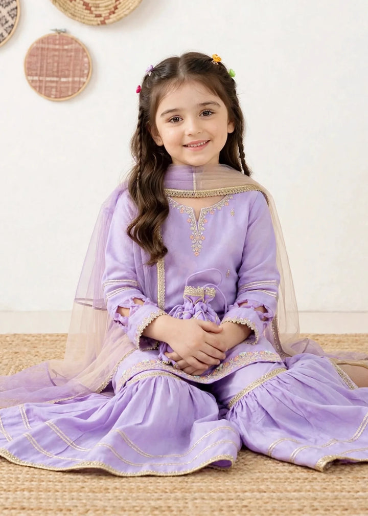 Riwayat by Modest Girls RTW Embroidered Chiffon 3 Piece Suit A076 Purple Gharara Festive Collection
