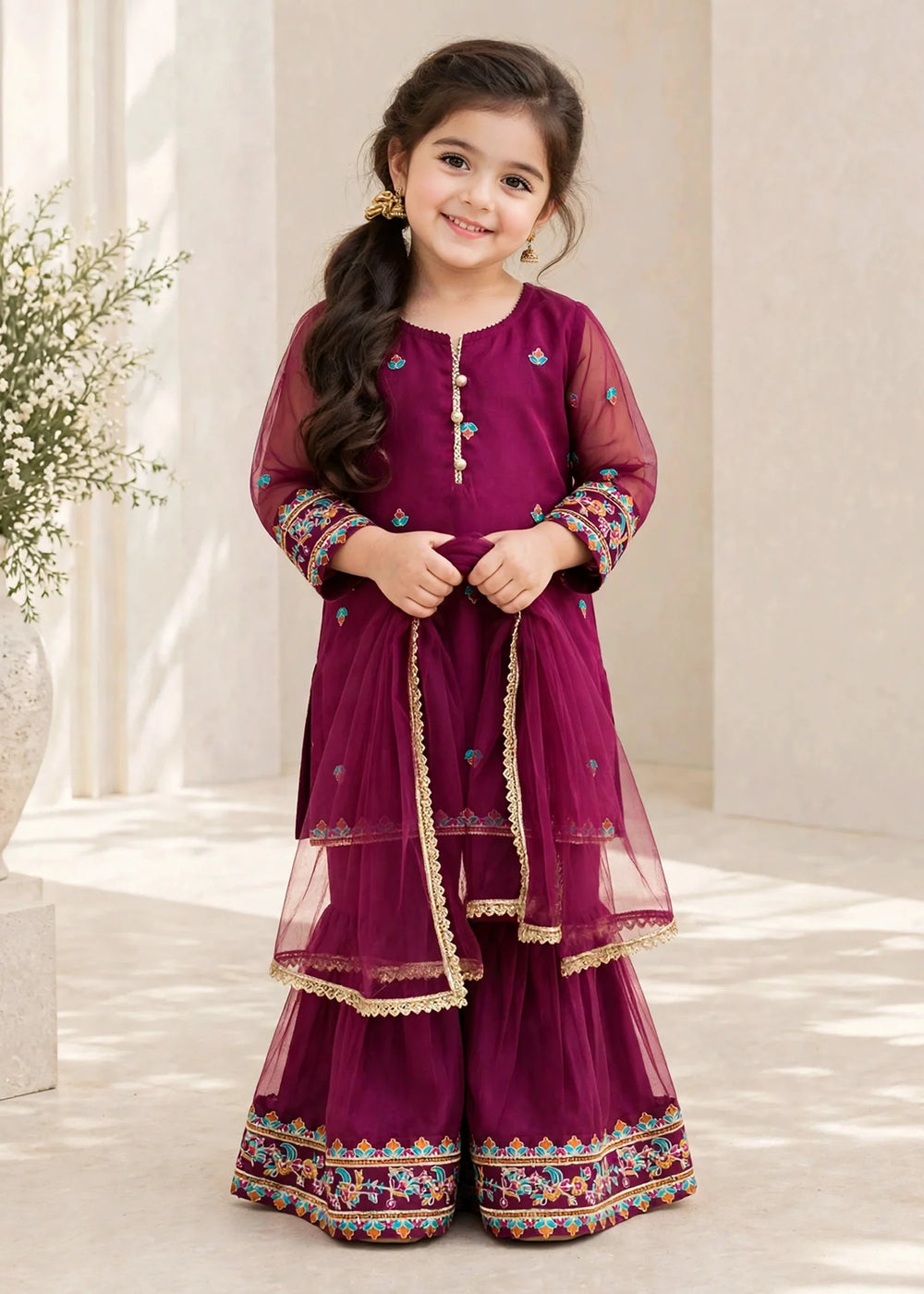 Riwayat by Modest Girls RTW Embroidered Organza 3 Piece Suit A105 Purple Gharara Festive Collection