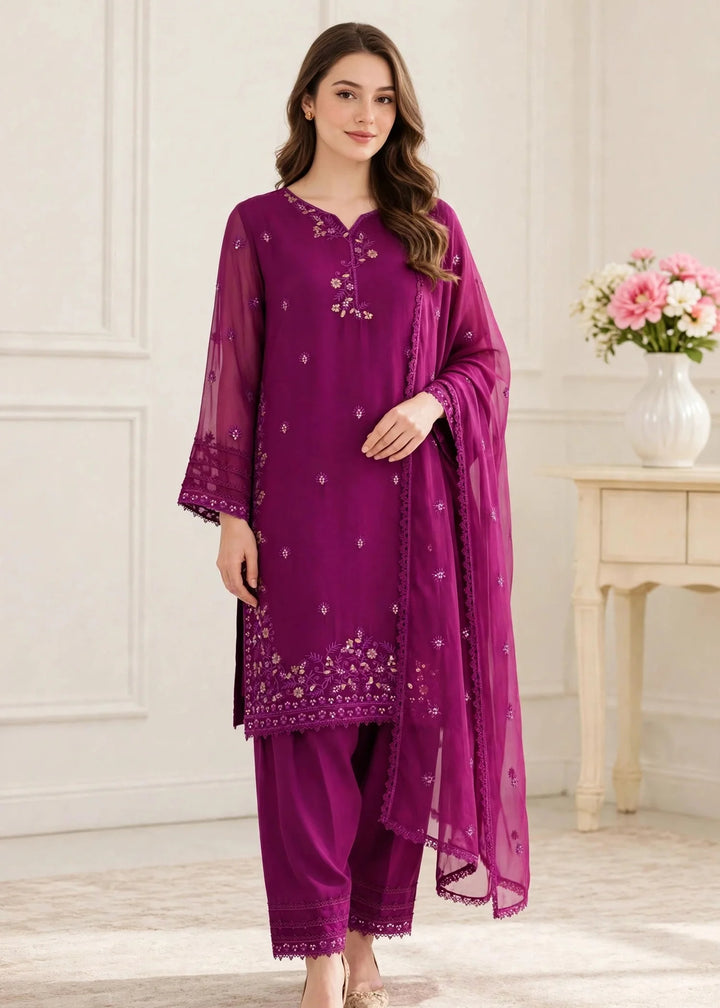 Riwayat by Modest Women RTW Embroidered Chiffon 3 Piece Suit W296 Purple Festive Collection